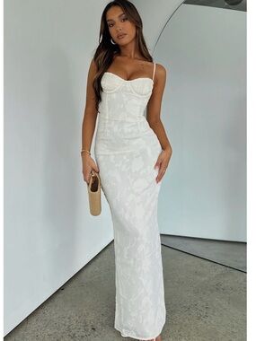 White Fox Boutique White Strapless Floral Jacquard Maxi Dress